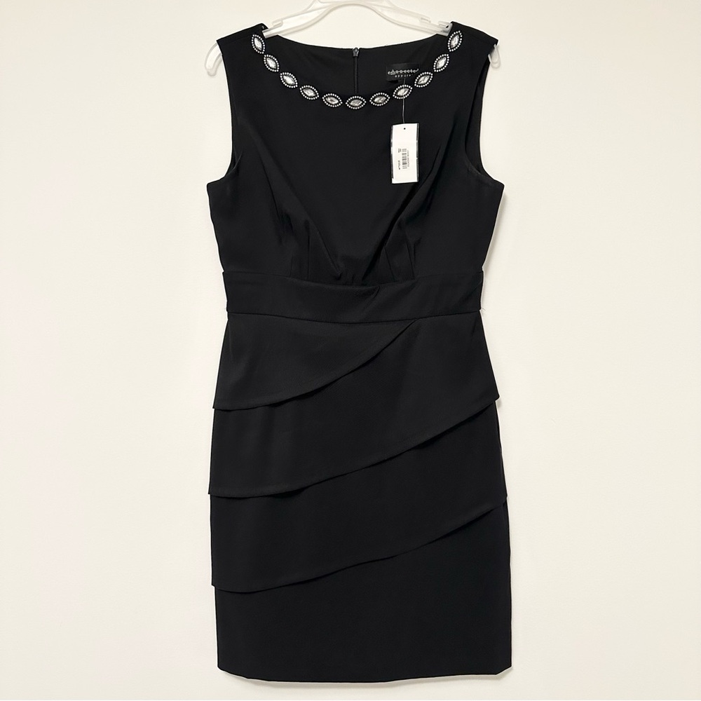 Connected Apparel Elegant Black Sleeveless Tiered Cocktail Dress Beaded Neckline